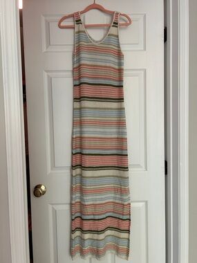 Pink Lily Striped Knit Maxi Dress in Cream, Pink, Blue and Olive